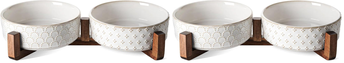 LE TAUCI Dog Bowl Set with Acacia Wood Stand - 1.8-Cup Ceramic Puppy Bowls for Small Dogs, Dual Food and Water Bowls with Weighted Non-Slip Base