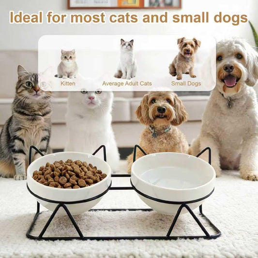 Elevated Tilted Cat Bowls for Indoor Cats,Raised Ceramic Cat Bowl Elevated 15°,Pet Feeding Bowls for Food and Water Anti Vomiting Bowl(Double Ceramics and Tilt Shelf) Suitable