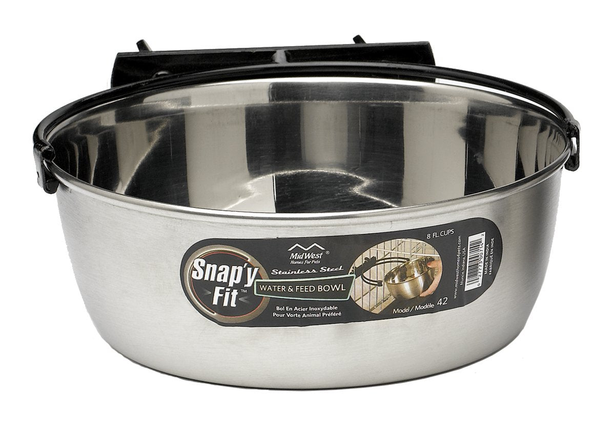 MidWest Homes for Pets Snap'y Fit Stainless Steel Food or Water Bowl, Holds 1 Quart, Mounts to Wire Crates, No-Tip Design, Rust-Resistant, for Dogs and Cats