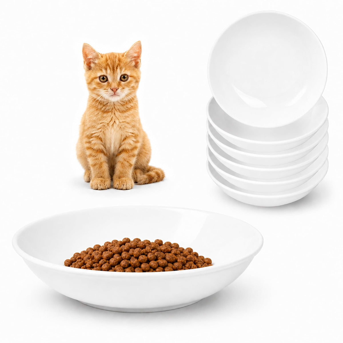 Ceramic Cat Bowls Set of 6 - Colorful Cute Shallow Cat Dishes - Great for Multi-Pet Homes - 5.6 Inch, Whisker Friendly and Wide - Microwave & Dishwasher Safe - 5.3 oz (185 ml)