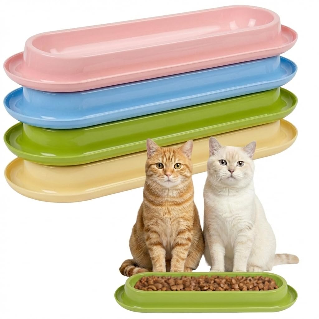 Multi-Cat Home 4-Pack, Long Pet Food Bowls, Large Capacity Non-Slip Easy Clean Dishes for Indoor & Outdoor Feeding (Pink, Yellow, Green,Blue,)