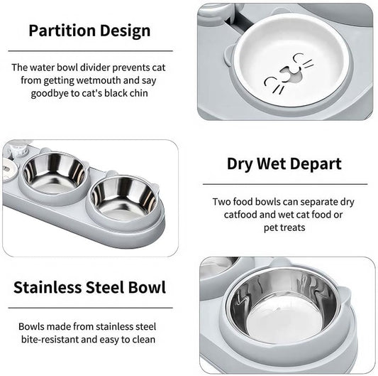 Marchul 3 in 1 Cat Bowl, Cat Food and Water Bowl Set with Water Dispenser and Stainless Steel Bowls, 15° Tilted Pet Raised Three Bowls for Indoor Cats, Small or Medium Sized Dogs