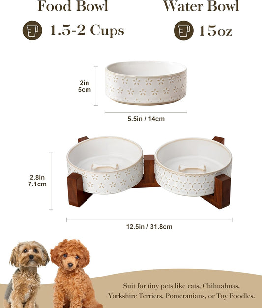 MALACASA Cat and Dog Bowl Set, Ceramic Bowls with Walnut Wood Stand, 2 Cups