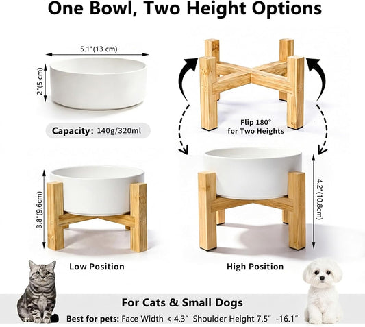 Cat Water Bowl - Elevated Cat Bowls | Ceramic Raised Cat Bowl with Adjustable Bamboo Stand | Anti Vomiting Cat Food Bowl for Indoor Cats, Kittens & Small Dogs | Dishwasher Safe | 5.1" Cat Dish| White