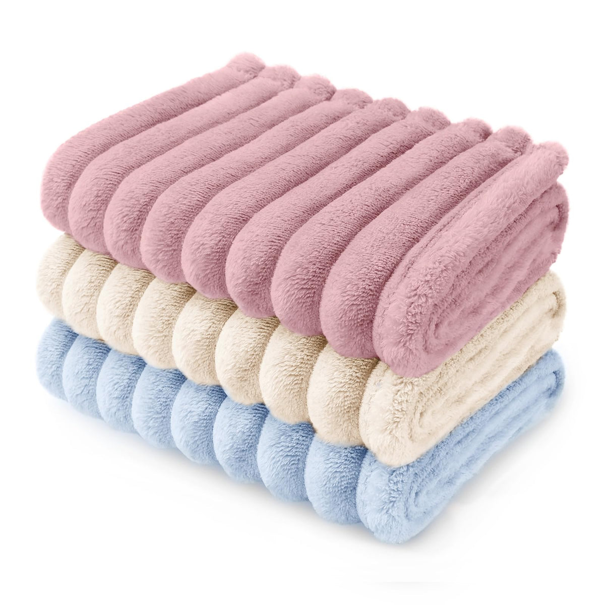 LINENLUX 1 Pack 3 Fleece Dog Blanket Soft Warm Cat Beige/Pink/Grey Small