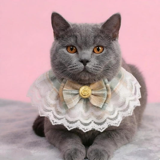 Handmade Cat Bandana with Bowtie - Khaki Plaid Boho Pet Collar Scarf for Birthday, Party, Photoshoot - Adjustable Bib Outfit for Small Dogs, Puppies, Cats, Kittens, and Rabbits