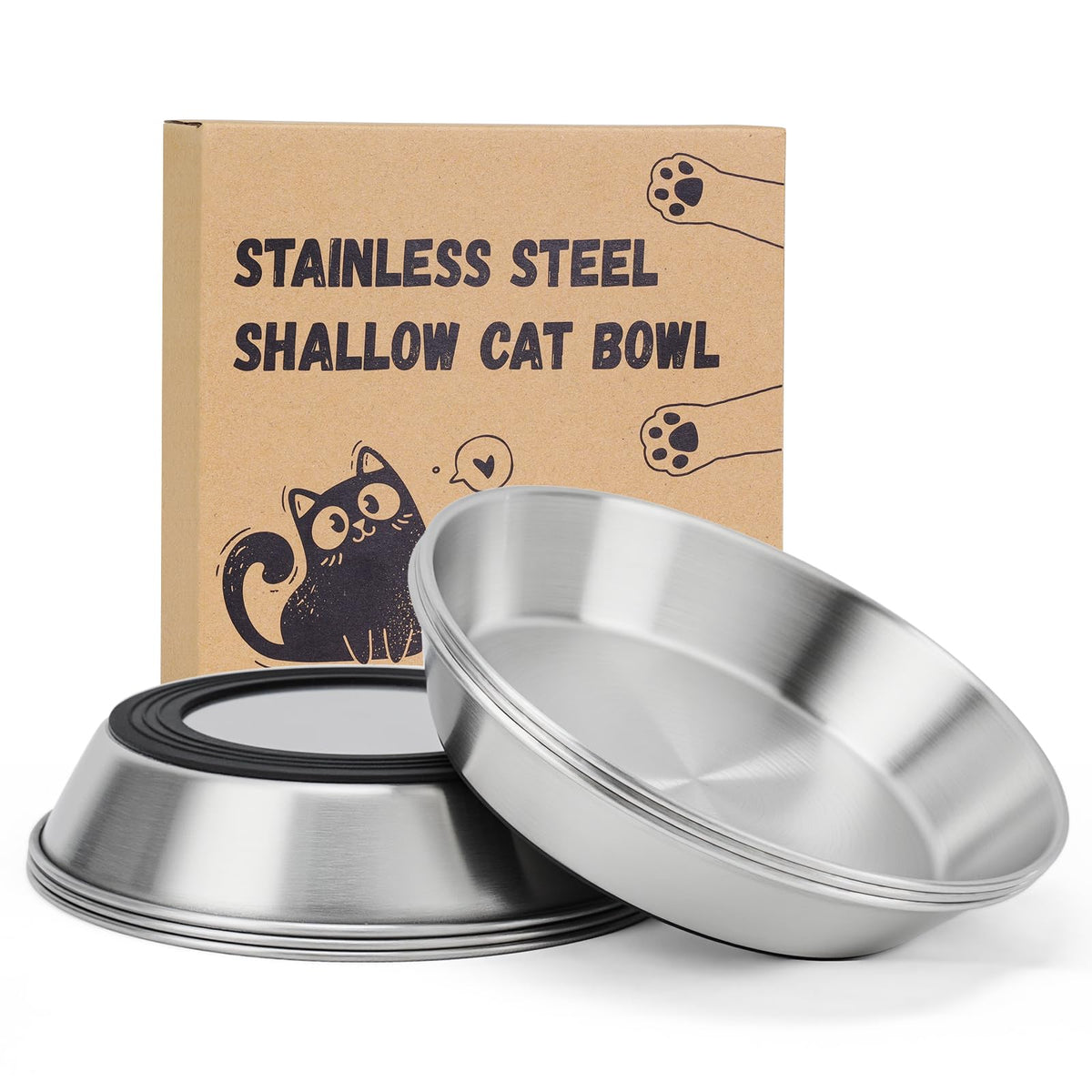 2-Pack 304 Stainless Steel Cat Food Bowls, Non-Slip Basic Dishes