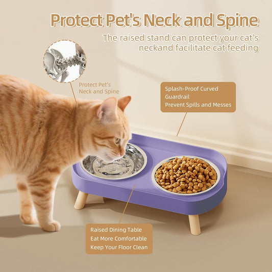 Elevated Cat Bowl, Raised Cat Food and Water Bowl Set for Indoor Cats, Splash Proof with 2 Stainless Steel Pet Food Bowls for Cats and Puppies, Whisker Fatigue and Dishwasher Safe - Purple