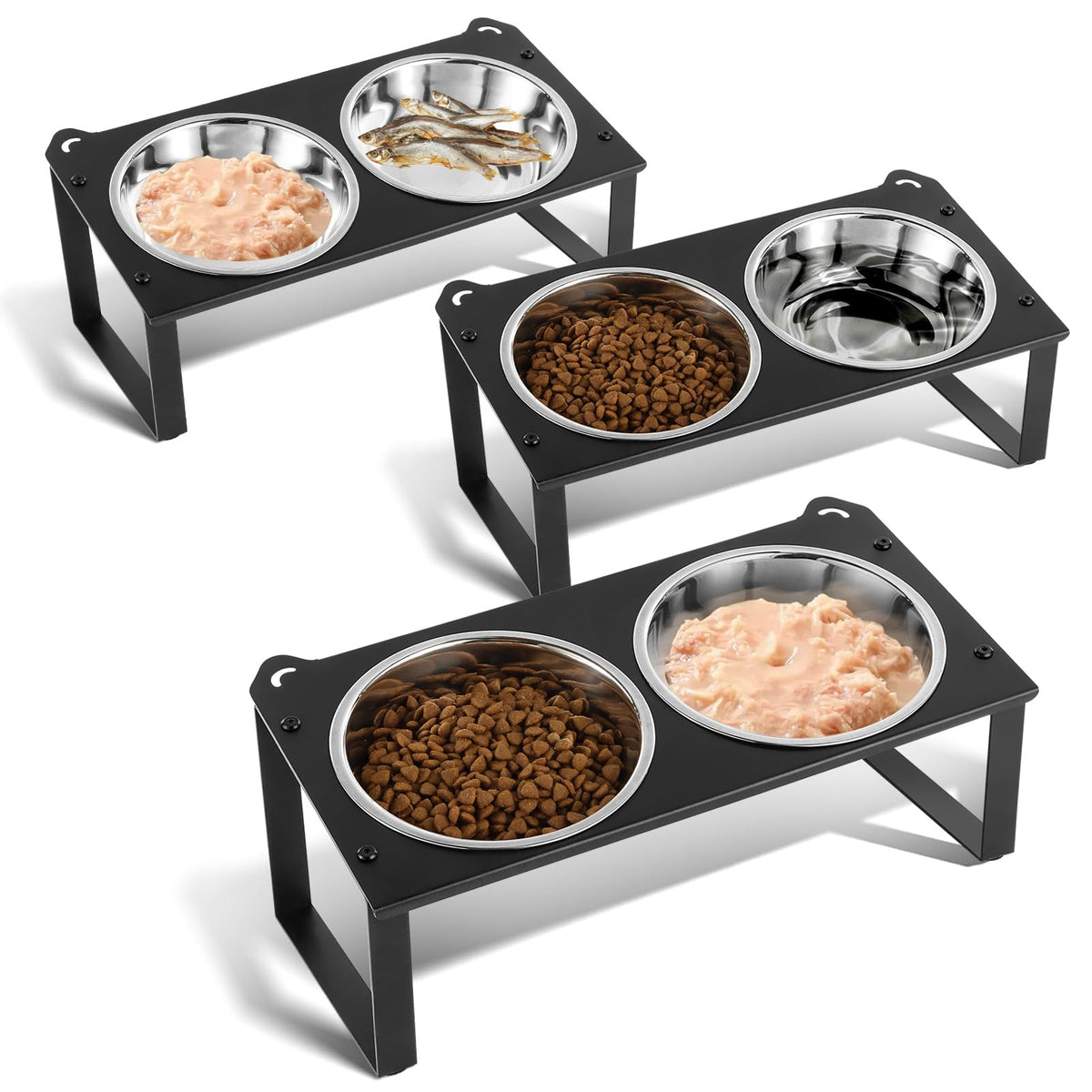 2 Set Elevated Cat Food Water Bowls, 4 Stainless Steel Bowls for Indoor Pet with Cute Metal Stand, 10° Tilted Anti-Vomiting Wide Shallow Raised Cat Dishes Whisker Friendly for Multiple Kitten,Puppy