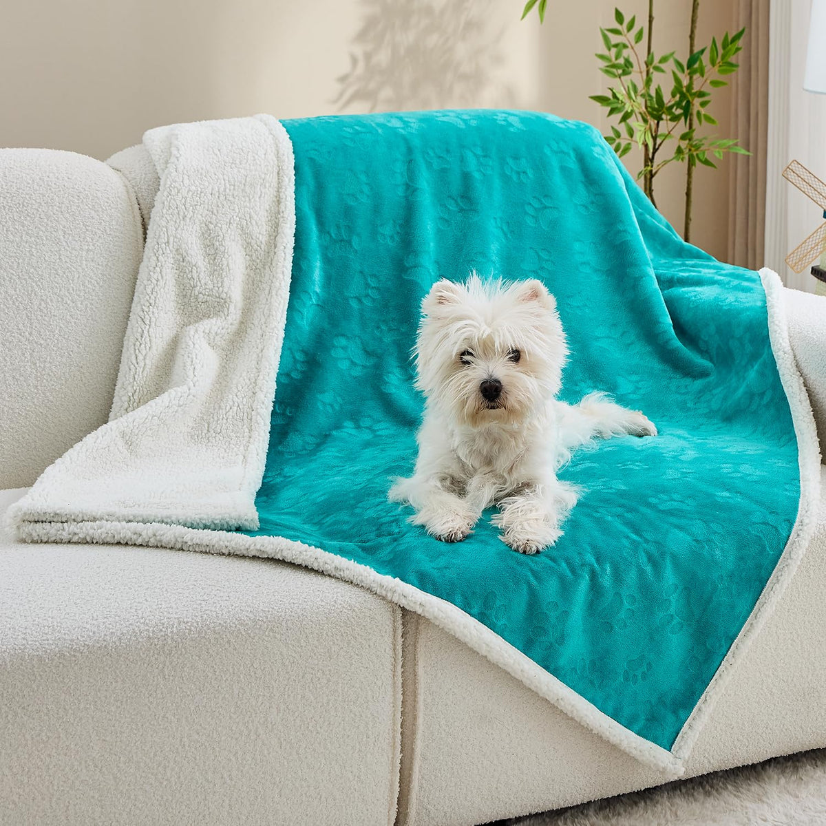 Qeils Dog & Cat Blankets - Waterproof Washable - Sherpa, Plus Plush Reversible, 25"X30", Grey Paw Print