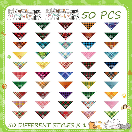 50 Pcs Plaid Dog Bandanas Bulk Cute Dog Scarf Bibs Puppy Pet Bandanas with Captions Adjustable Cat Outfit Washable Triangle Scarf Kerchief for Small to Medium Girl Boy pet(Cute)