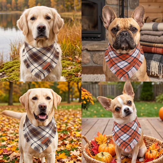 ADOGGYGO Fall Dog Bandana, Brown Plaid Thanksgiving Bandanas for Dogs, S