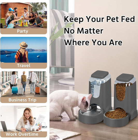 2 Pack Automatic Cat Feeder and Gravity Stainless Steel Water Dispenser, Dog Food Feeder and Waterer Set for Small Medium Puppy Kitten Pets (1 Gallon x 2, Gray)