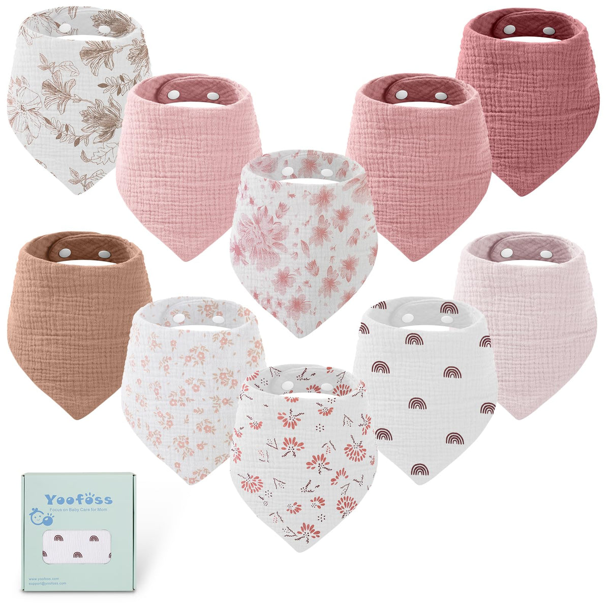 Yoofoss Muslin Baby Bibs 10 Pack 100% Organic Cotton 6-Layer Soft Absorbent Drool Bandana Baby Bibs for Drooling and Teething for Boys and Girls, Gradient Pink
