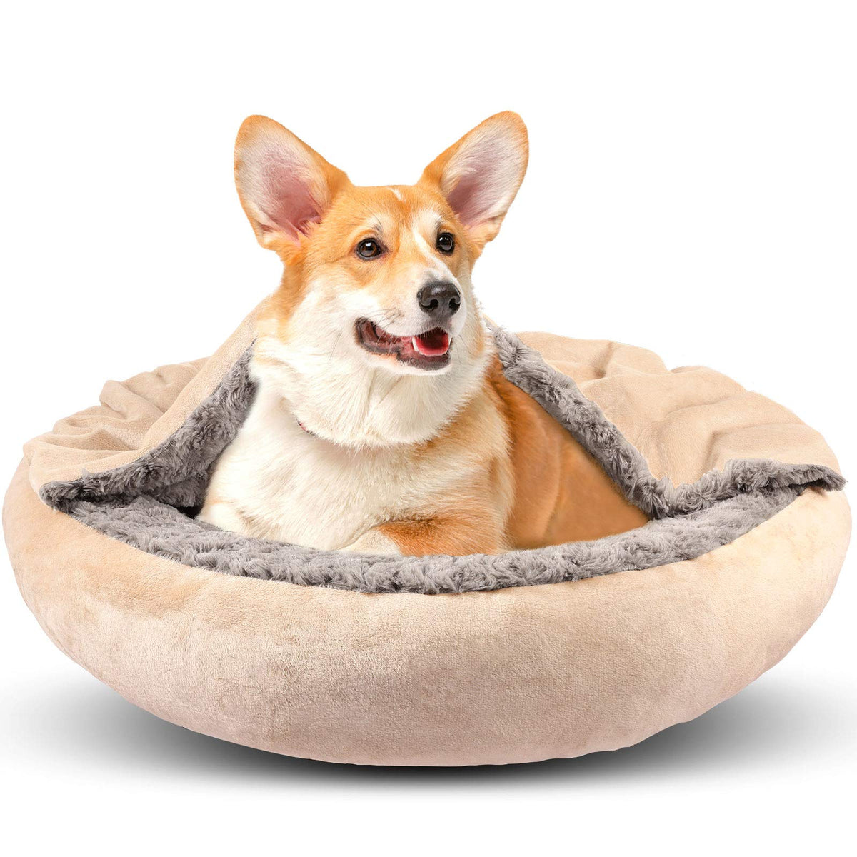 GASUR Dog Beds for Small Medium Dogs with Hooded Blanket, Cozy Cuddler Luxury Puppy Pet Bed with Blanket Attached, Donut Round Calming Anti-Anxiety Dog Burrow Cave Bed, Machine Washable 26 inch