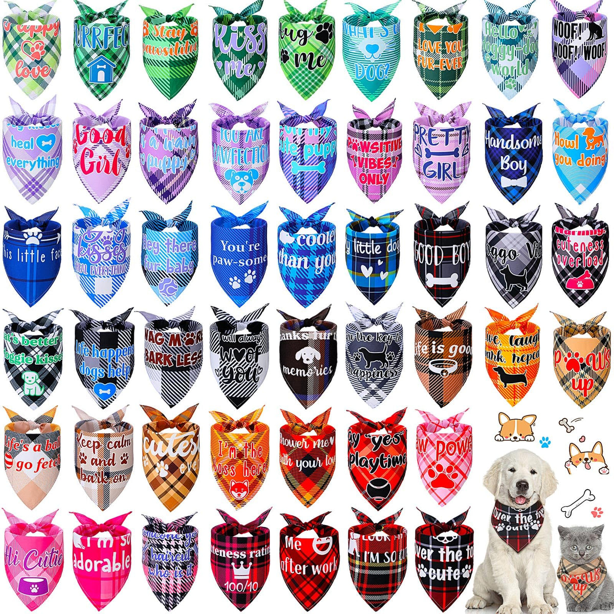 50 Pcs Plaid Dog Bandanas Bulk Cute Dog Scarf Bibs Puppy Pet Bandanas with Captions Adjustable Cat Outfit Washable Triangle Scarf Kerchief for Small to Medium Girl Boy pet(Cute)