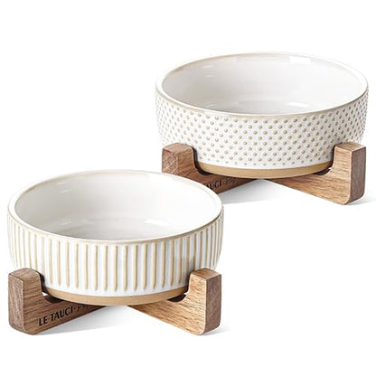 LE TAUCI PET Ceramic Dog Bowls for Medium Small Dogs - 4 Cup Medium Dog Food and Water Bowls with Wood Stand, Cute Pet Dishes Set of 2, Lines+Dot