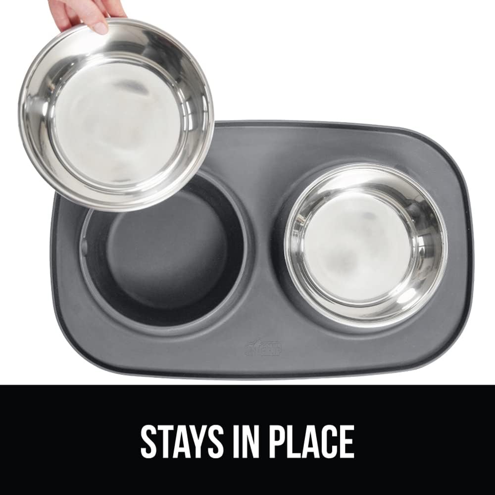 GORILLA GRIP Dog Bowl Set with Feeding Mat, 304 Stainless Steel, 2 Cup Gray