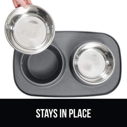 GORILLA GRIP Dog Bowl Set with Feeding Mat, 304 Stainless Steel, 2 Cup Gray