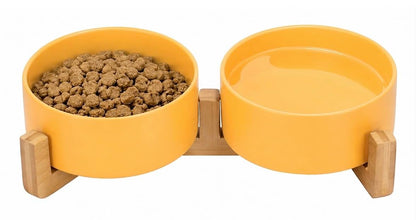 Ceramic Cat and Small Dog Bowl Set – Modern Indoor Small Size Pet Food and Water Bowls with Wood Stand – Non Slip Puppy Sized Feeding Station with Double Dishes (White)
