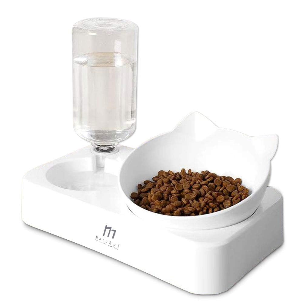 Marchul 3 in 1 Cat Bowl, Cat Food and Water Bowl Set with Water Dispenser and Stainless Steel Bowls, 15° Tilted Pet Raised Three Bowls for Indoor Cats, Small or Medium Sized Dogs