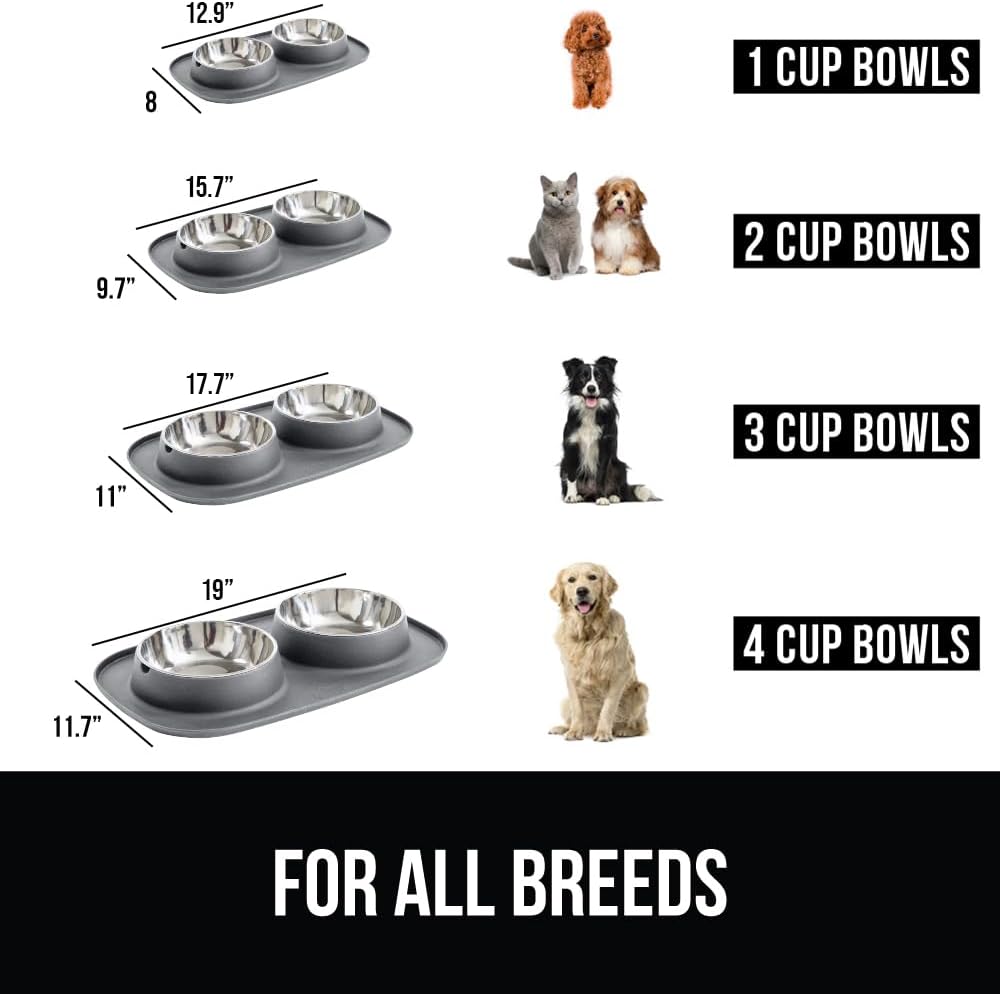 GORILLA GRIP Dog Bowl Set with Feeding Mat, 304 Stainless Steel, 2 Cup Gray