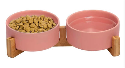 Ceramic Cat and Small Dog Bowl Set – Modern Indoor Small Size Pet Food and Water Bowls with Wood Stand – Non Slip Puppy Sized Feeding Station with Double Dishes (White)