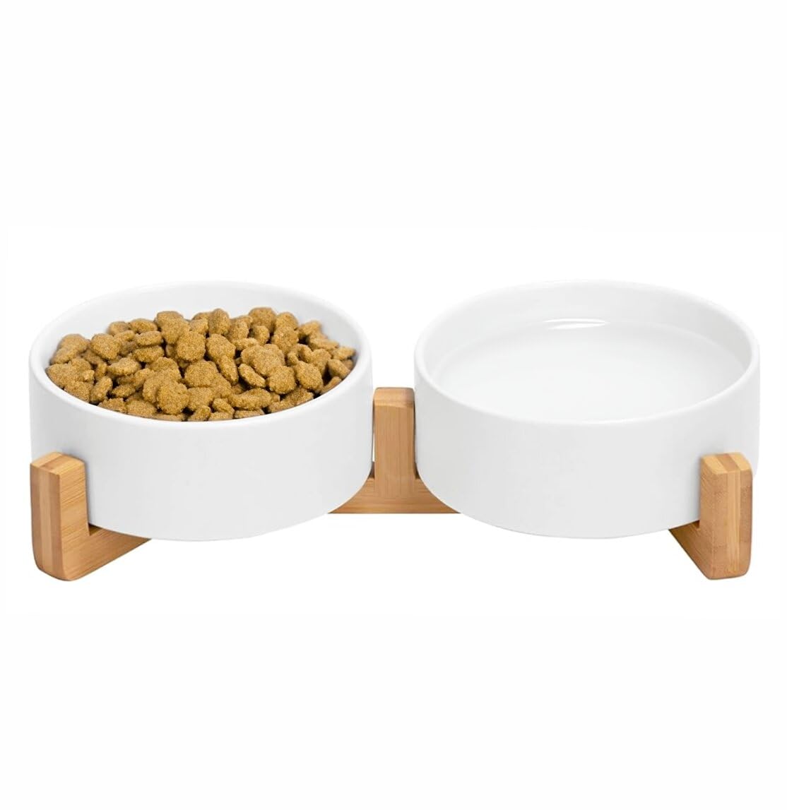 Ceramic Cat and Small Dog Bowl Set – Modern Indoor Small Size Pet Food and Water Bowls with Wood Stand – Non Slip Puppy Sized Feeding Station with Double Dishes (White)