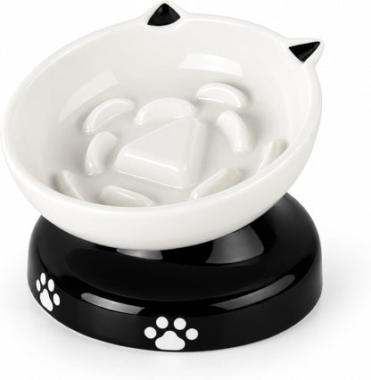 Y YHY Ceramic Cat Slow Feeder, Elevated Dog Food Bowl Tilted Design, Slow Feeder Bowl no Black Chin, Cat Shape for Dry and Wet Food