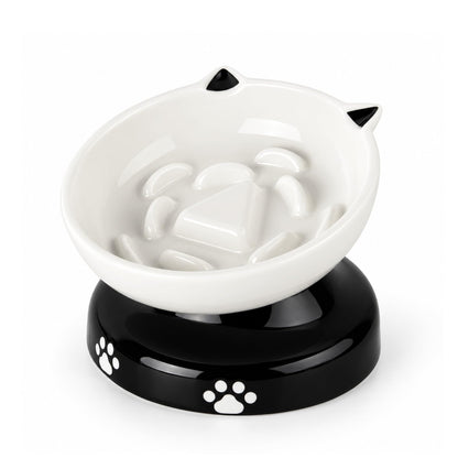 Y YHY Ceramic Cat Slow Feeder, Elevated Dog Food Bowl Tilted Design, Slow Feeder Bowl no Black Chin, Cat Shape for Dry and Wet Food