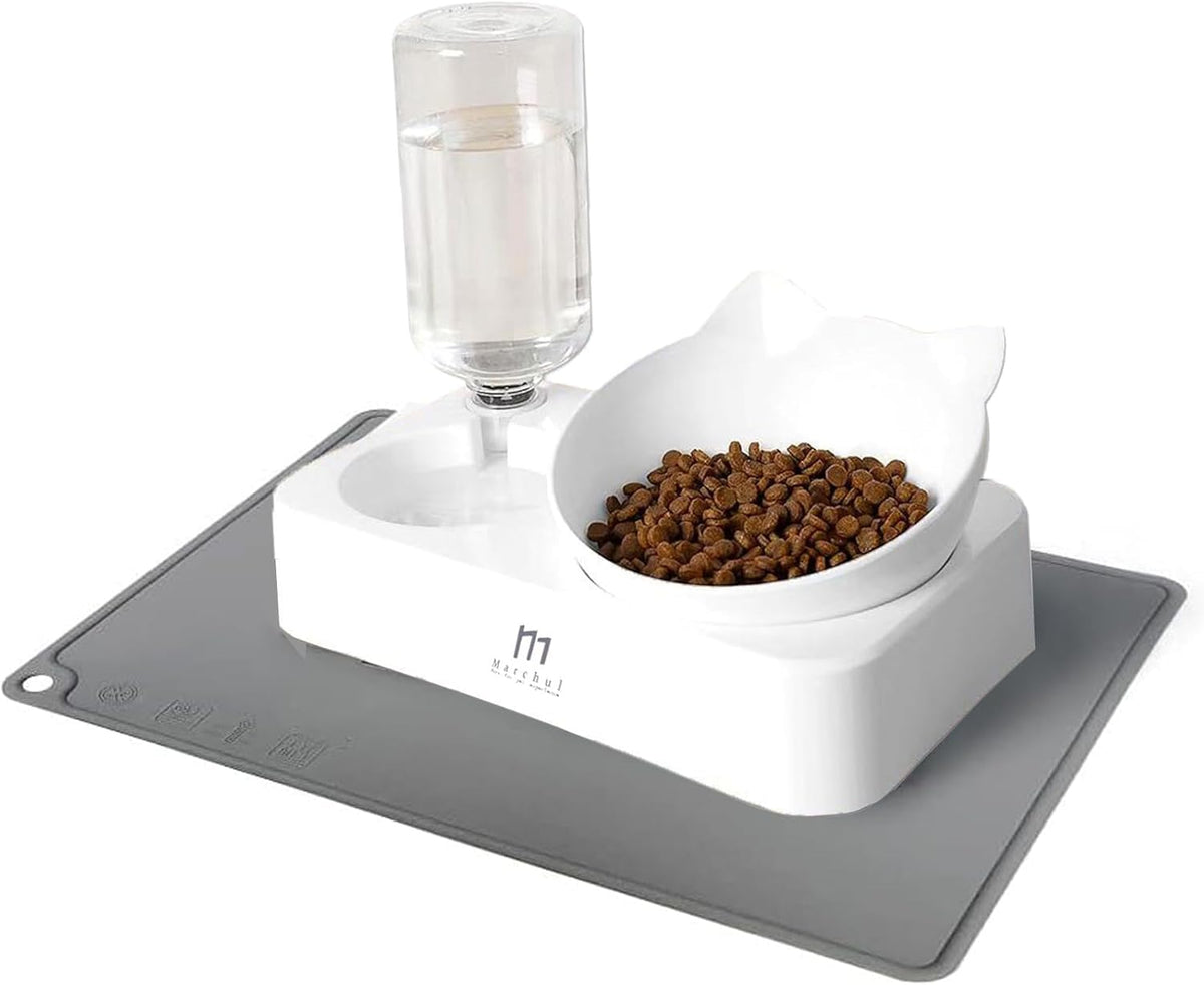 Marchul 3 in 1 Cat Bowl, Cat Food and Water Bowl Set with Water Dispenser and Stainless Steel Bowls, 15° Tilted Pet Raised Three Bowls for Indoor Cats, Small or Medium Sized Dogs