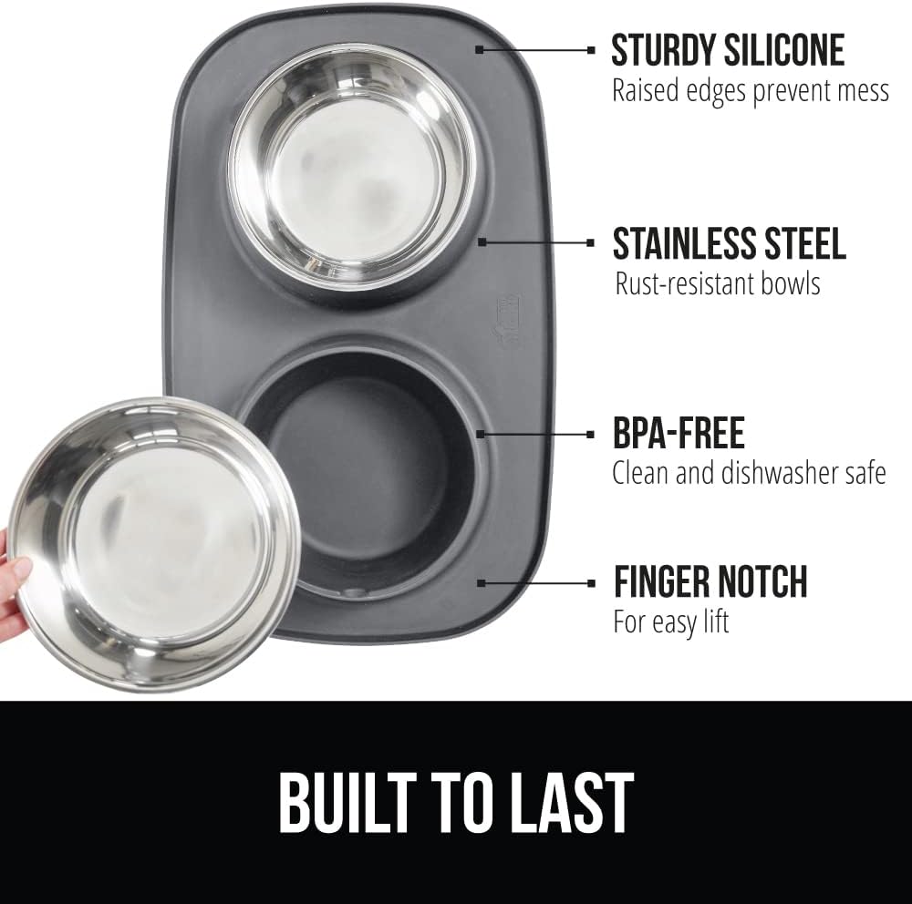 GORILLA GRIP Dog Bowl Set with Feeding Mat, 304 Stainless Steel, 2 Cup Gray