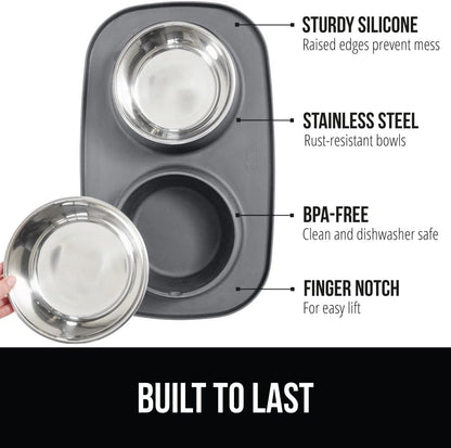 GORILLA GRIP Dog Bowl Set with Feeding Mat, 304 Stainless Steel, 2 Cup Gray