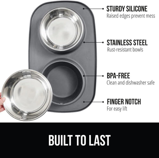 GORILLA GRIP Dog Bowl Set with Feeding Mat, 304 Stainless Steel, 2 Cup Gray