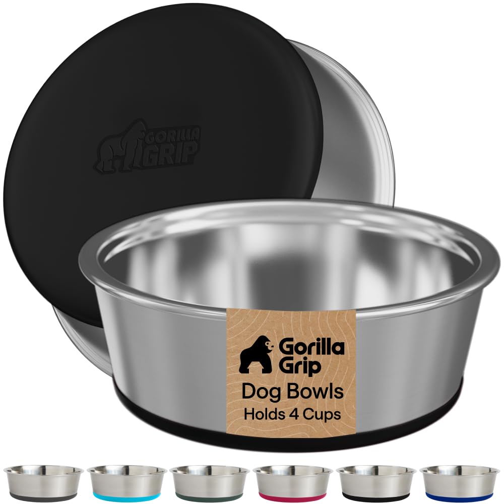 GORILLA GRIP Dog Bowls, Food Grade Stainless Steel, Set of 2, 4 Cup, Black