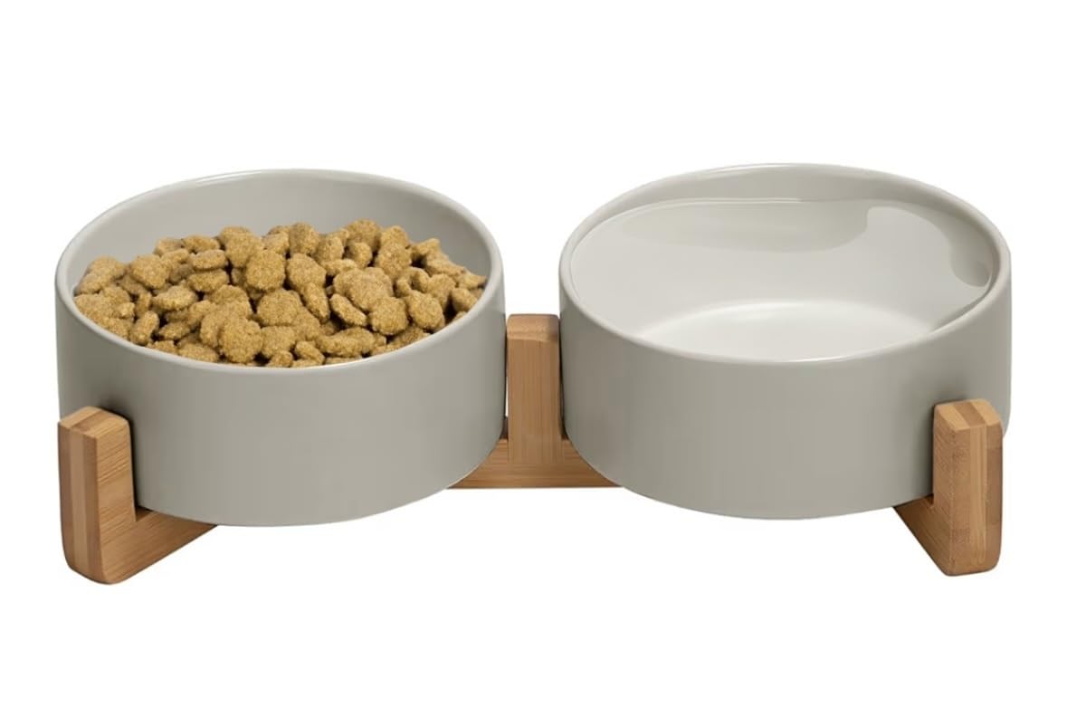 Ceramic Cat and Small Dog Bowl Set – Modern Indoor Small Size Pet Food and Water Bowls with Wood Stand – Non Slip Puppy Sized Feeding Station with Double Dishes (White)