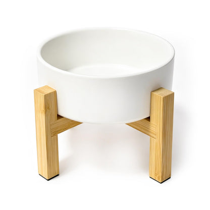 Cat Water Bowl - Elevated Cat Bowls | Ceramic Raised Cat Bowl with Adjustable Bamboo Stand | Anti Vomiting Cat Food Bowl for Indoor Cats, Kittens & Small Dogs | Dishwasher Safe | 5.1" Cat Dish| White