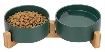 Ceramic Cat and Small Dog Bowl Set – Modern Indoor Small Size Pet Food and Water Bowls with Wood Stand – Non Slip Puppy Sized Feeding Station with Double Dishes (White)