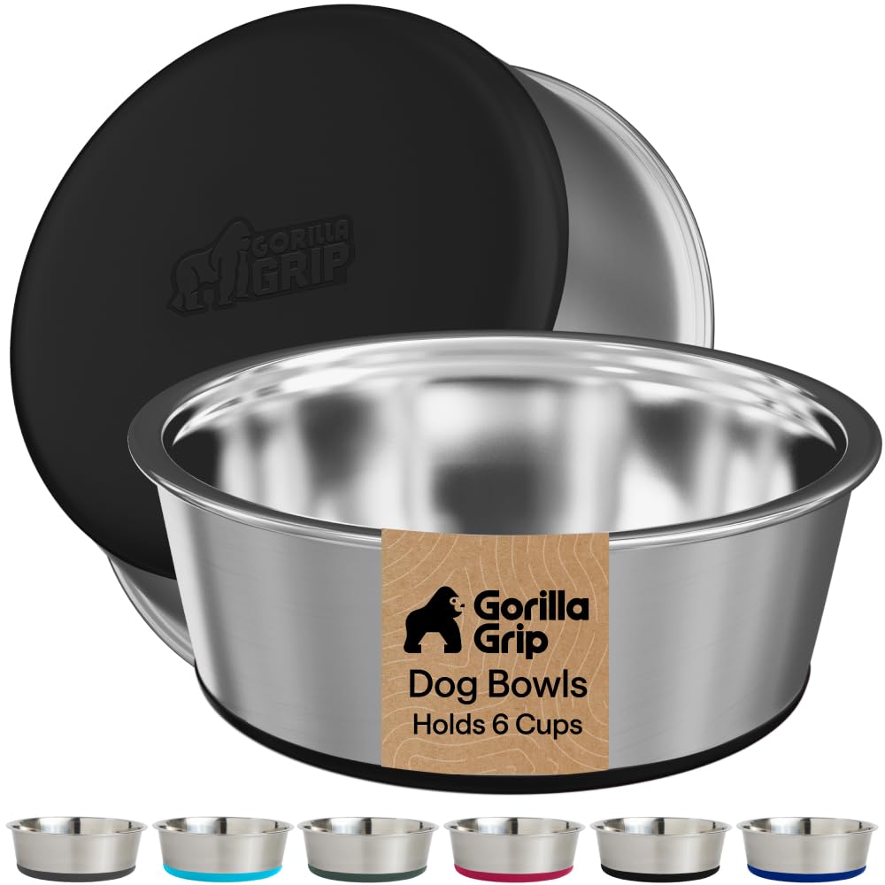 GORILLA GRIP Dog Bowls, Food Grade Stainless Steel, Set of 2, 4 Cup, Black
