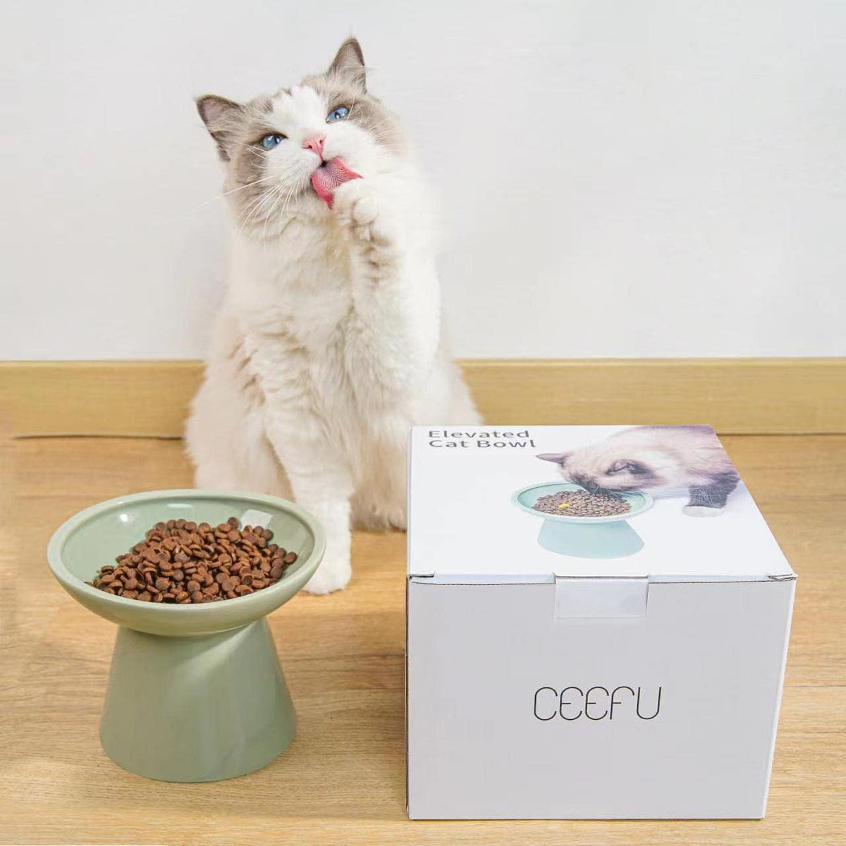 CEEFU Extra Wide Elevated Ceramic 6.2" Shallow Cat Food Bowl