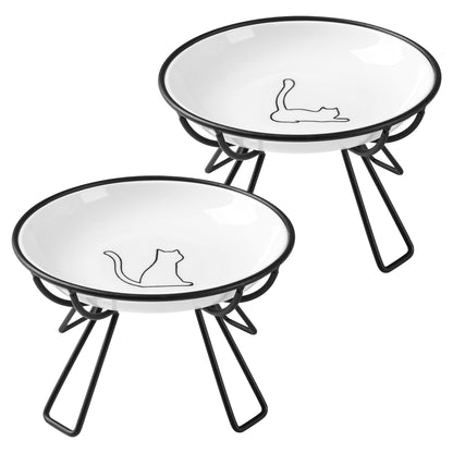 Ceramic Cat Bowls, 2 Pack - Raised, Whisker Friendly, Anti-Vomiting Cat Food Plates - Hygienic, Secure Material, Elegant Stand, 10 oz, for Indoor Cats & Kittens