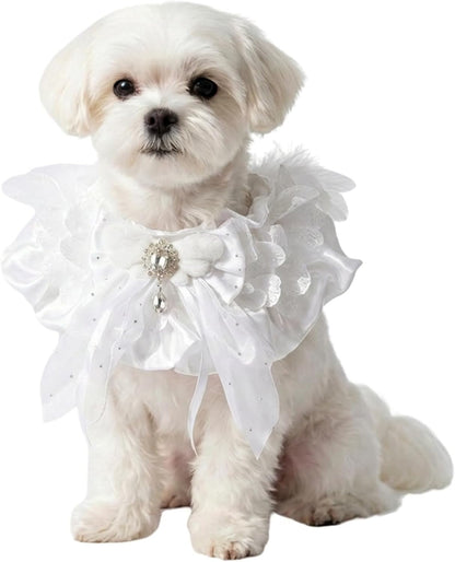 Sweet Lace & Satin Pet Bib, Princess Style Heavy-Duty Bandana with Bow & Floral Accents, Cute Collar for Cats & Small Dogs (Pink&White)
