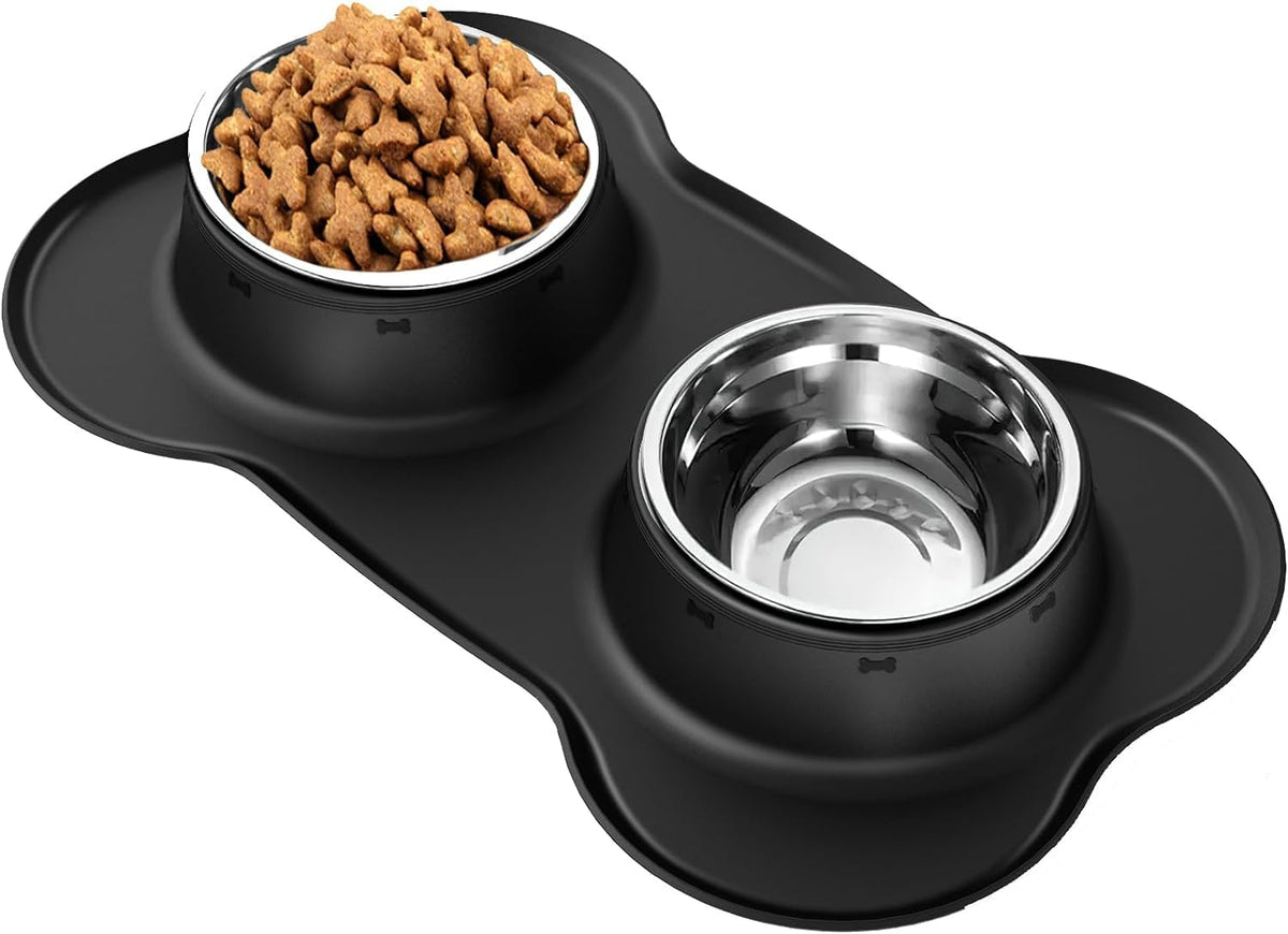 AsFrost Dog Food Bowls Stainless Steel & Water Dish with No-Spill and Non-Skid, Feeder Bowls with Dog Food Dish for Small Medium Large Size,Dogs,Cats,Puppy Pets, Black, 12oz