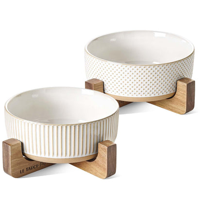 LE TAUCI PET Ceramic Dog Bowls for Medium Small Dogs - 4 Cup Medium Dog Food and Water Bowls with Wood Stand, Cute Pet Dishes Set of 2, Lines+Dot