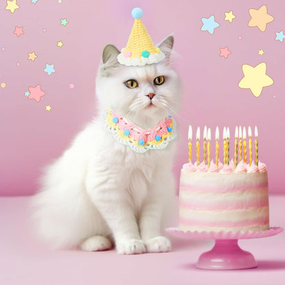 2 Pcs Cat Birthday Outfit, Birthday Hat, Knit Bib for Dog,Pet, Cream Yellow
