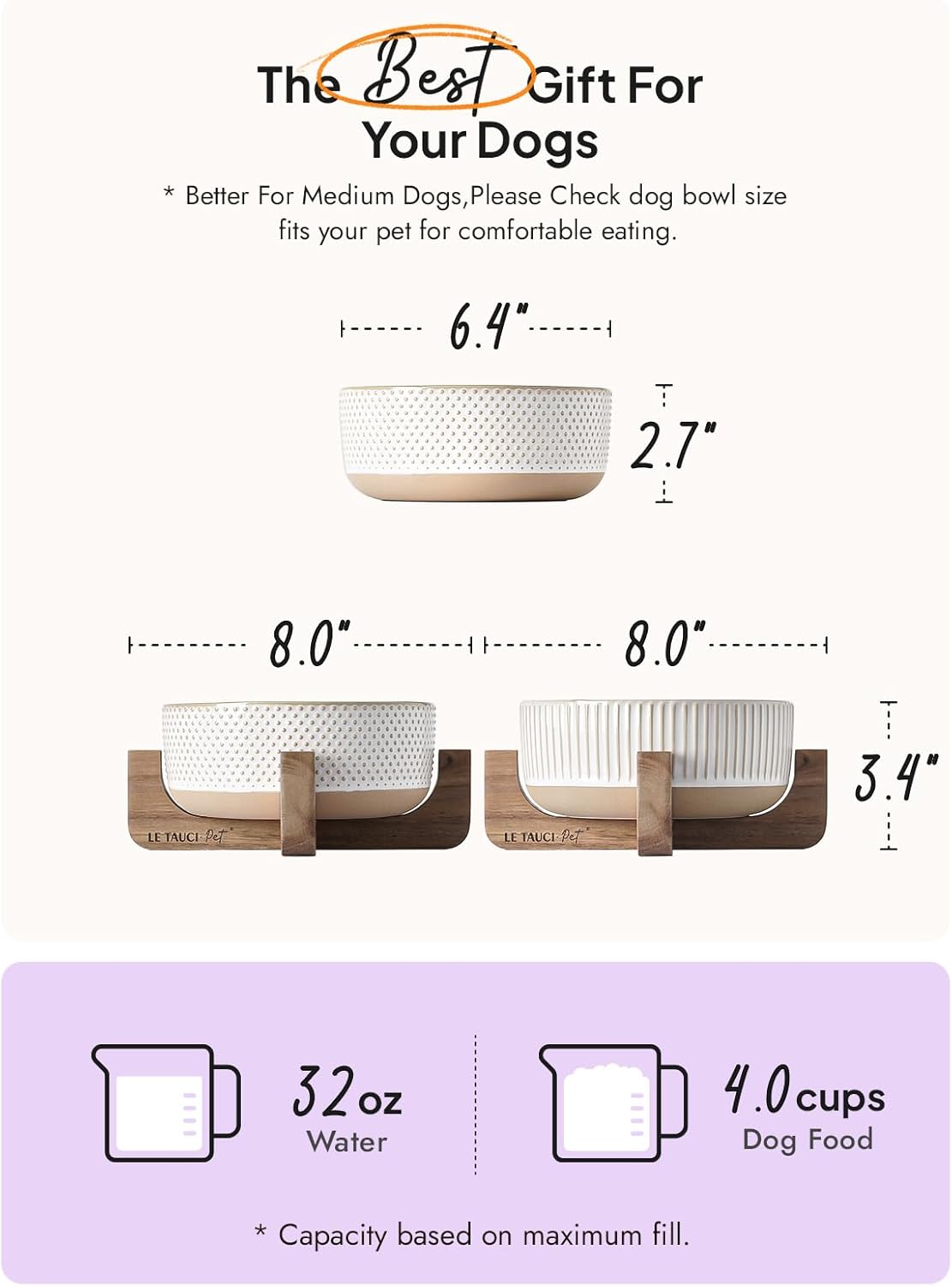 LE TAUCI PET Ceramic Dog Bowls for Medium Small Dogs - 4 Cup Medium Dog Food and Water Bowls with Wood Stand, Cute Pet Dishes Set of 2, Lines+Dot