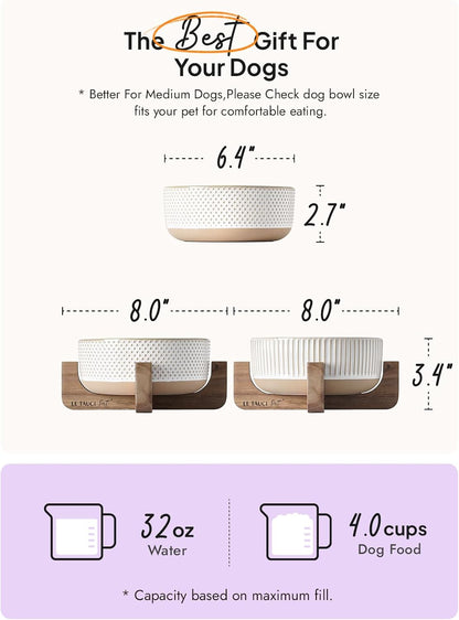 LE TAUCI PET Ceramic Dog Bowls for Medium Small Dogs - 4 Cup Medium Dog Food and Water Bowls with Wood Stand, Cute Pet Dishes Set of 2, Lines+Dot