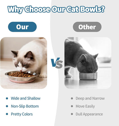 [8 Pack] Stainless Steel Cat Bowls, Cat Dishes Whisker Friendly with Non-Slip Silicone Bottom, Easy to Clean, 5.5" Shallow Wide Cat Food and Water Feeding Bowl for Indoor Outdoor Cats