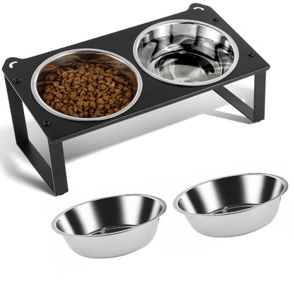 2 Set Elevated Cat Food Water Bowls, 4 Stainless Steel Bowls for Indoor Pet with Cute Metal Stand, 10° Tilted Anti-Vomiting Wide Shallow Raised Cat Dishes Whisker Friendly for Multiple Kitten,Puppy