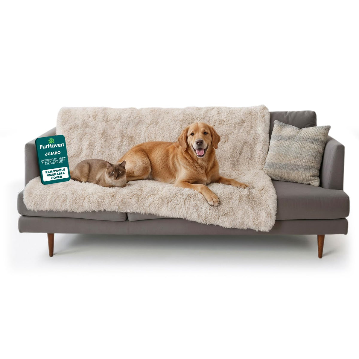 Furhaven Waterproof Throw Blanket for Dogs & Indoor Cats, Washable - Shaggy Plush Calming Long Faux Fur & Velvet Dog Blanket - Taupe, Medium